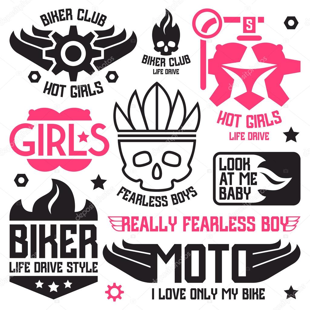 Vinyl stickers and badges on car. Graphic design for t-shirt and  stickers. Color print on white background