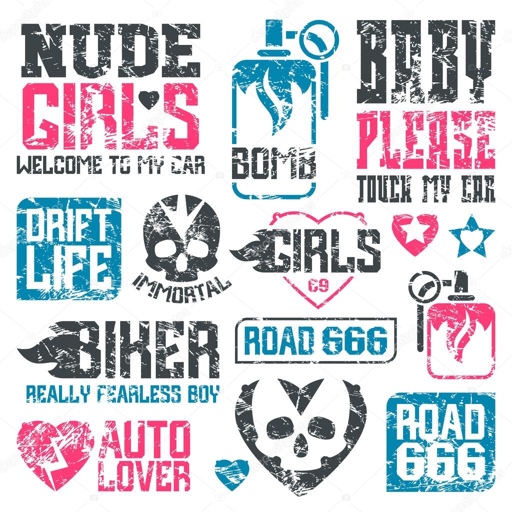 Car and biker culture badges. Graphic design elements with shabby texture for t-shirt. Color print on white background