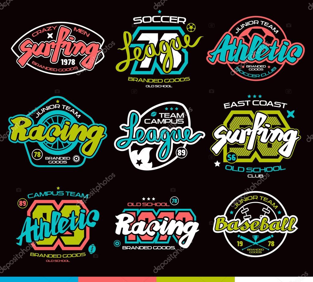 Set of sport badges: surfing, racing, baseball, soccer, rugby. Graphic design for t-shirt. Color print on black background