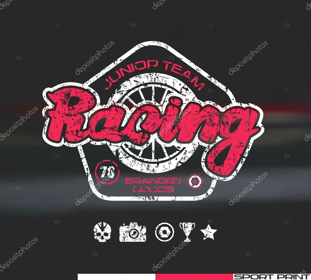Racing emblem in retro style. Graphic design for t-shirt. Color  print on blurred background
