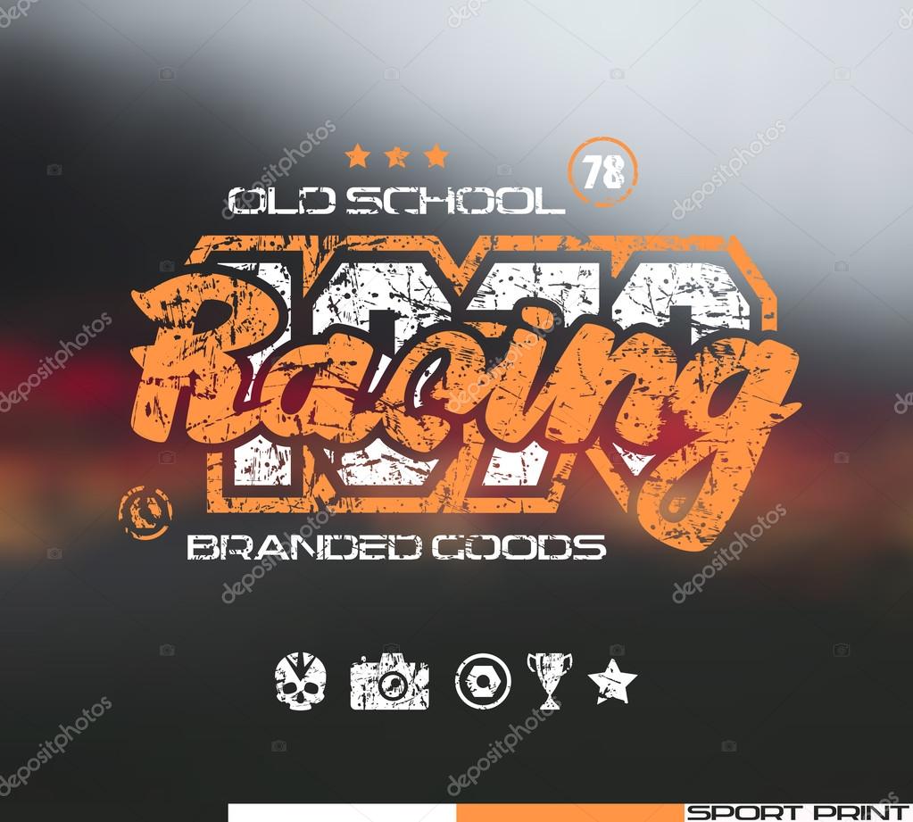 Racing emblem in retro style. Graphic design for t-shirt. Color  print on blurred background