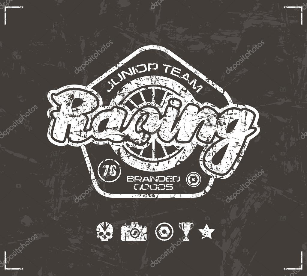Racing emblem in retro style. Graphic design for t-shirt. White  print on brown background