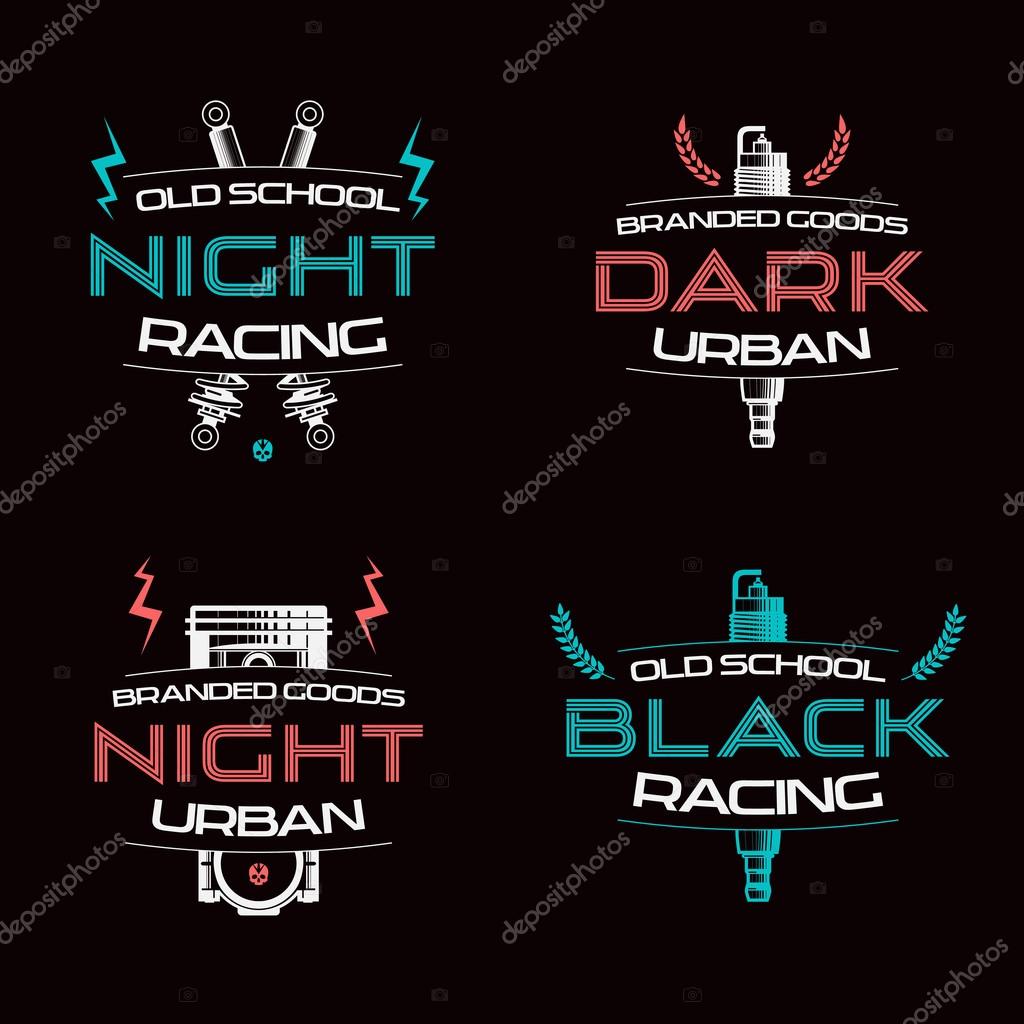 Dark racing urban badges. Color print on black background.
