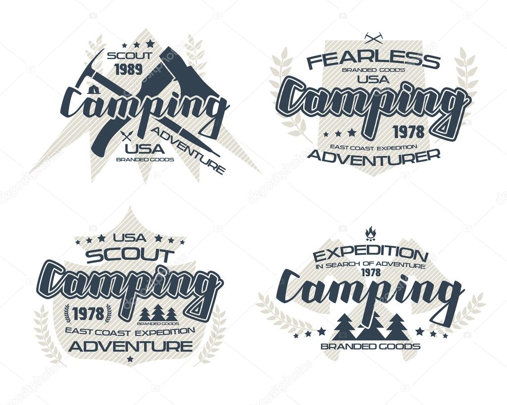 Camping emblems  for t-shirt. Monochrome  print on white background
