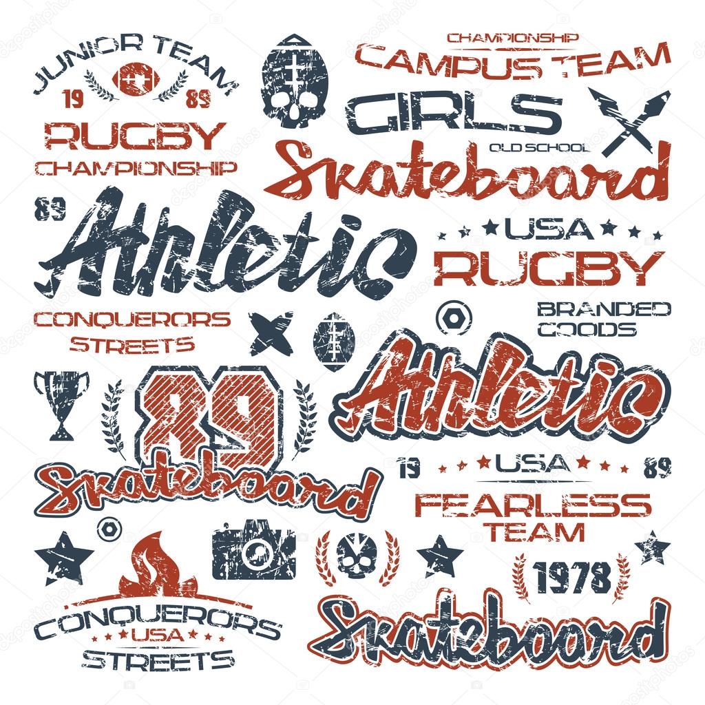 Athletic elements with shabby texture. Graphic design for t-shirt. Color print on white background