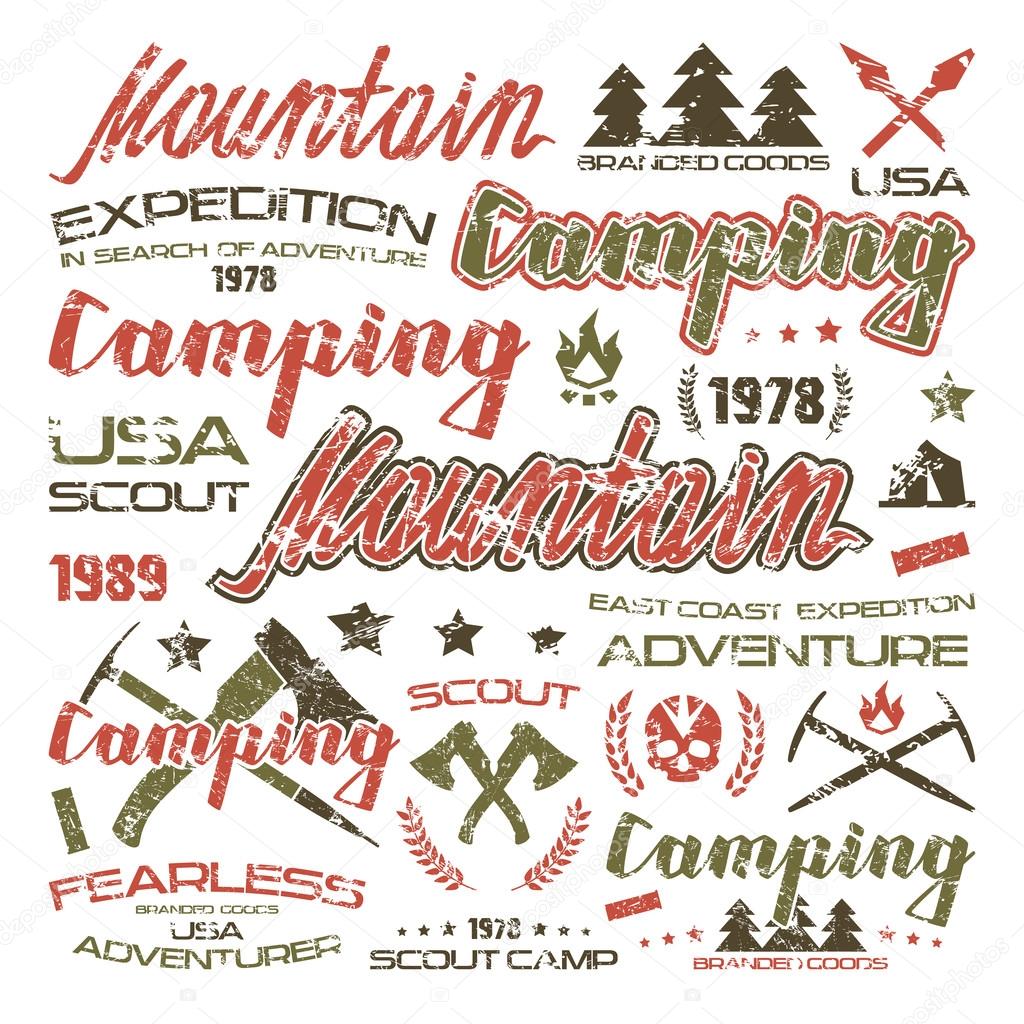 Camping typographic badges for t-shirt. Color print on white background