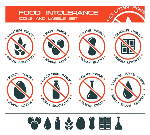 Zestaw ikon i etykiety nietolerancji żywności — Wektor stockowy