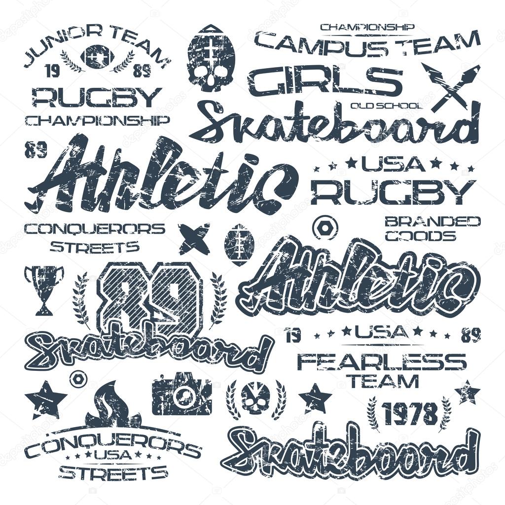 Athletic elements with shabby texture. Graphic design for t-shirt. Black print on white background