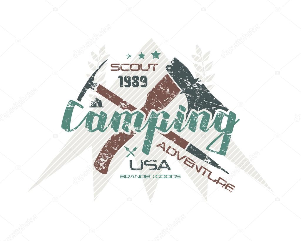 Camping emblem with shabby texture. Graphic design for t-shirt. Color print on white background