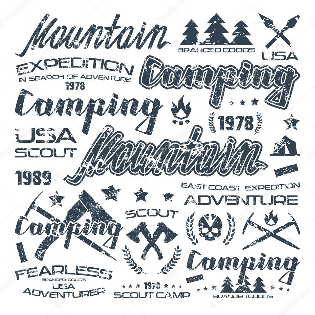 Camping typographic badges for t-shirt. Black print on white background