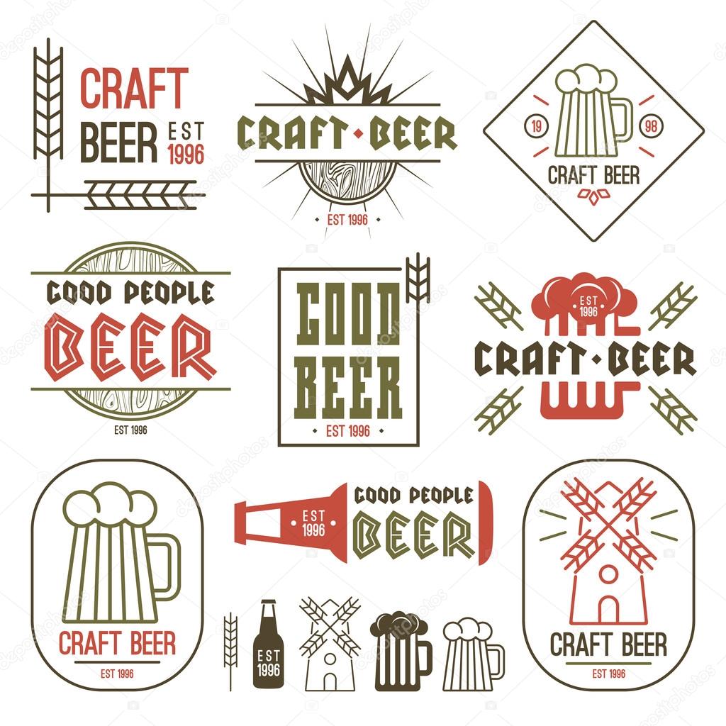 Craft beer brewery emblems, labels and design elements. Color print on white background