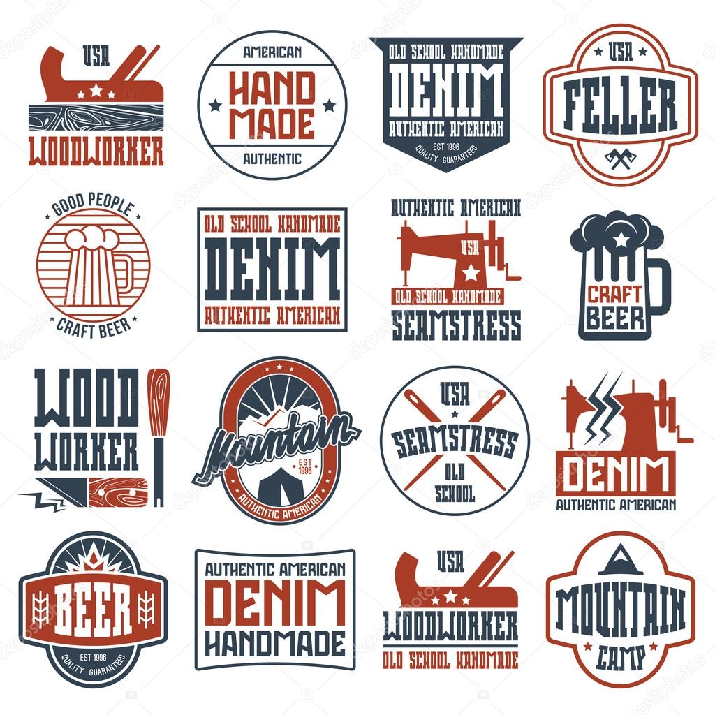 Handcrafted badges in retro style. Woodworker, seamstress, craft beer, camping. Graphic design for t-shirt. Color print on white background.