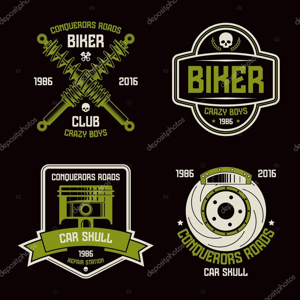 Car repair and biker club emblems. Graphic design elements for t-shirt. Color print on black background