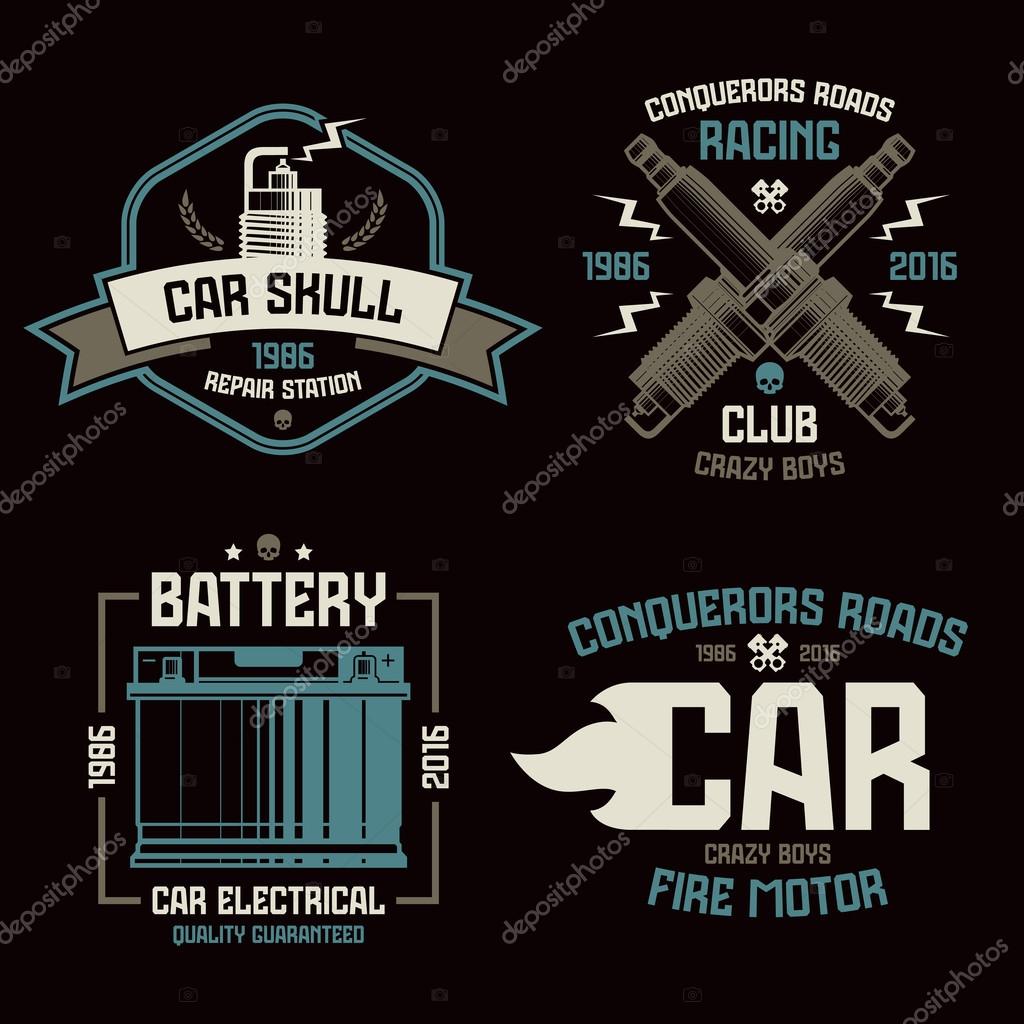 Car repair and racing emblems. Graphic design elements for t-shirt. Color print on black background