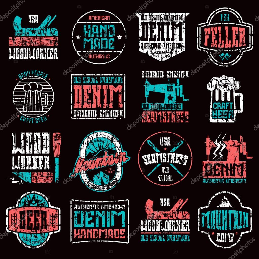 Handcrafted badges in retro style. Woodworker, seamstress, craft beer, camping. Graphic design with shabby texture for t-shirt. Color print on black background.