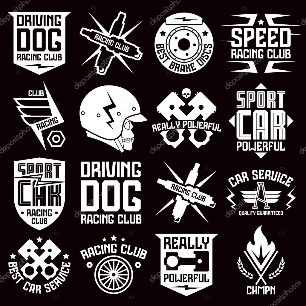 Vinyl stickers and badges on car. Graphic design for t-shirt and  stickers. White print on black background