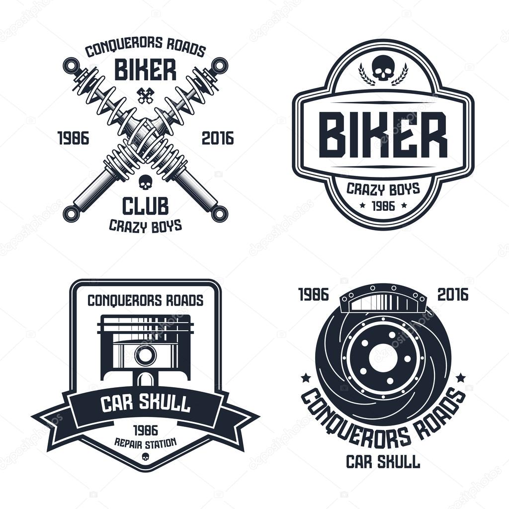 Car repair and biker club emblems. Graphic design elements for t-shirt. Black print on white background