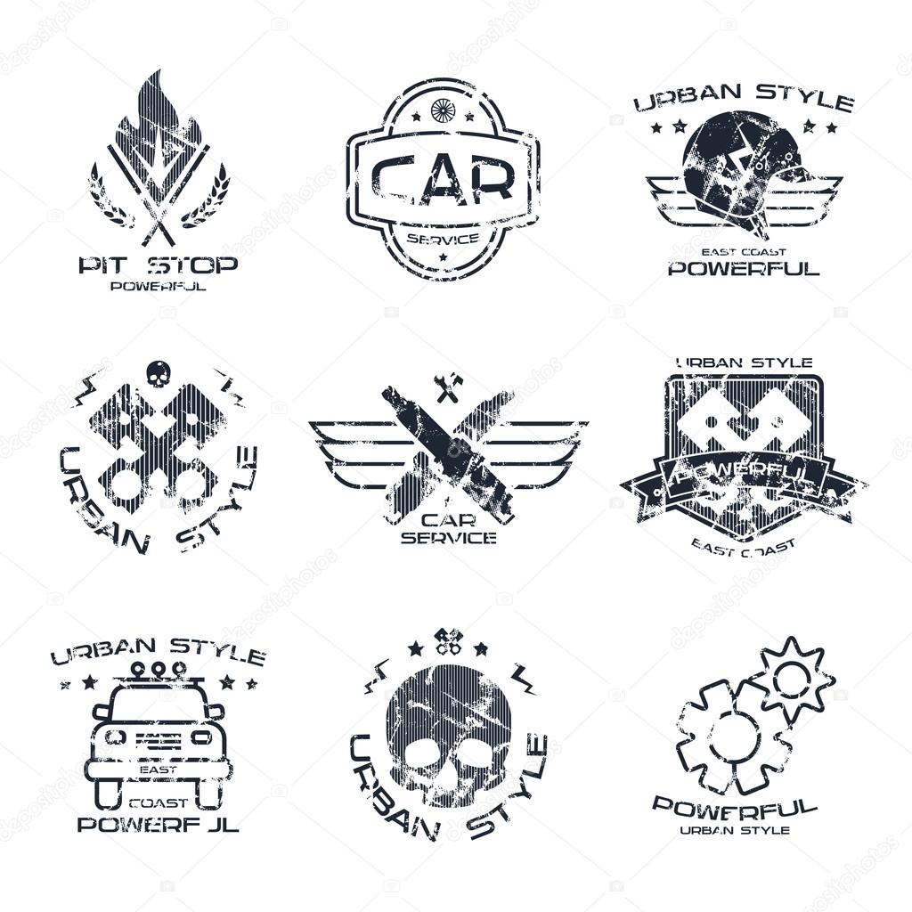 Car service badges and logo in urban style with shabby texture. Graphic design for t-shirt. Black print on white background