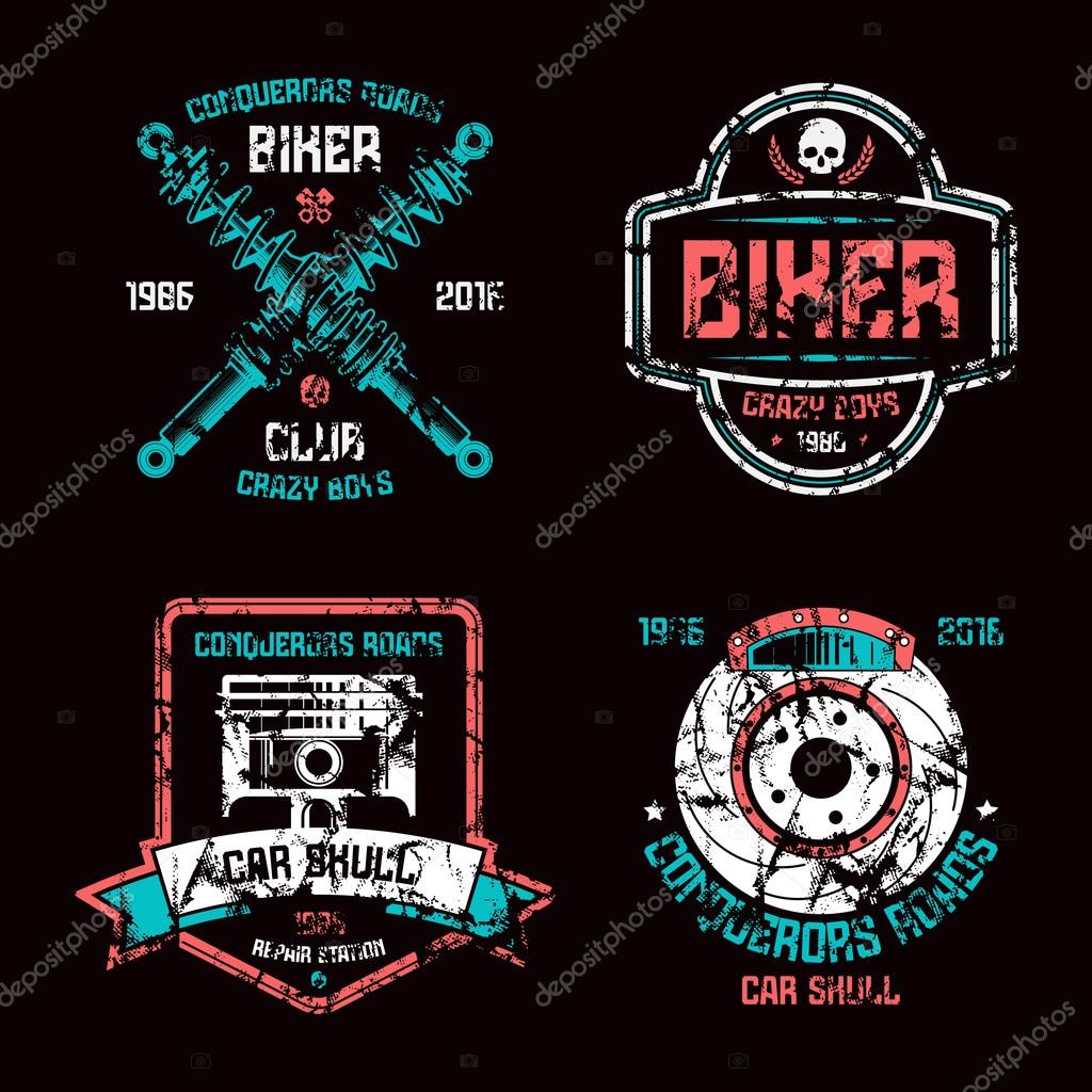 Car repair and biker club emblems. Graphic design elements with shabby texture for t-shirt. Color print on black background