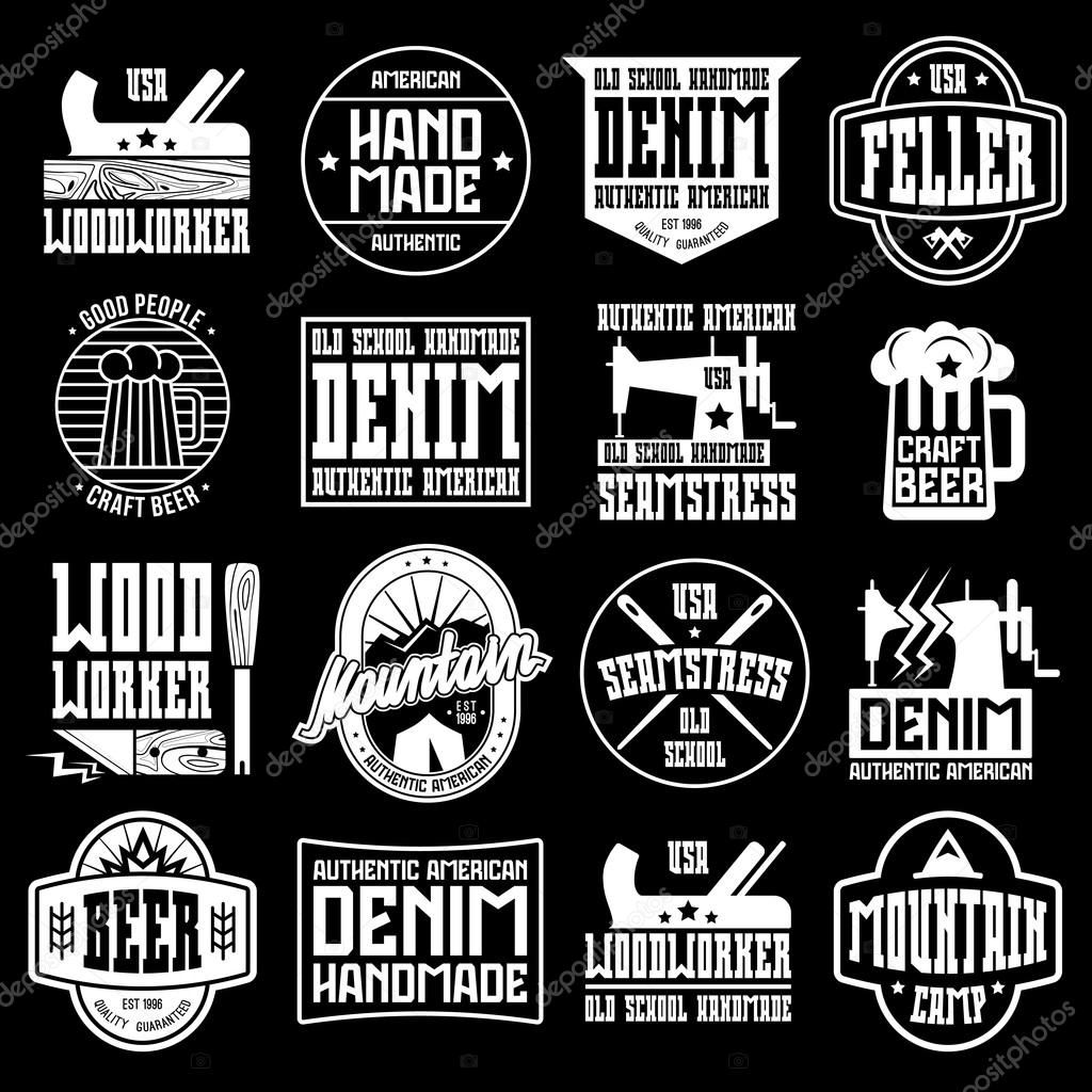 Handcrafted badges in retro style. Woodworker, seamstress, craft beer, camping. Graphic design for t-shirt. White print on black background.