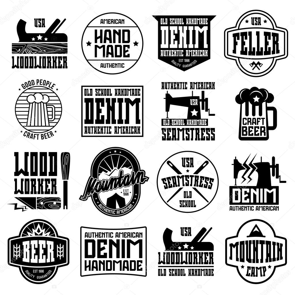 Handcrafted badges in retro style. Woodworker, seamstress, craft beer, camping. Graphic design for t-shirt. Black print on white background.