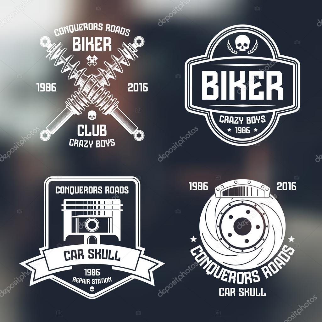 Car repair and biker club emblems. Graphic design elements for t-shirt. White print on blurred background