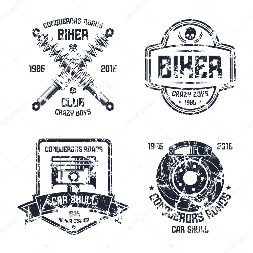Car repair and biker club emblems. Graphic design elements with shabby texture for t-shirt. Black print on white background