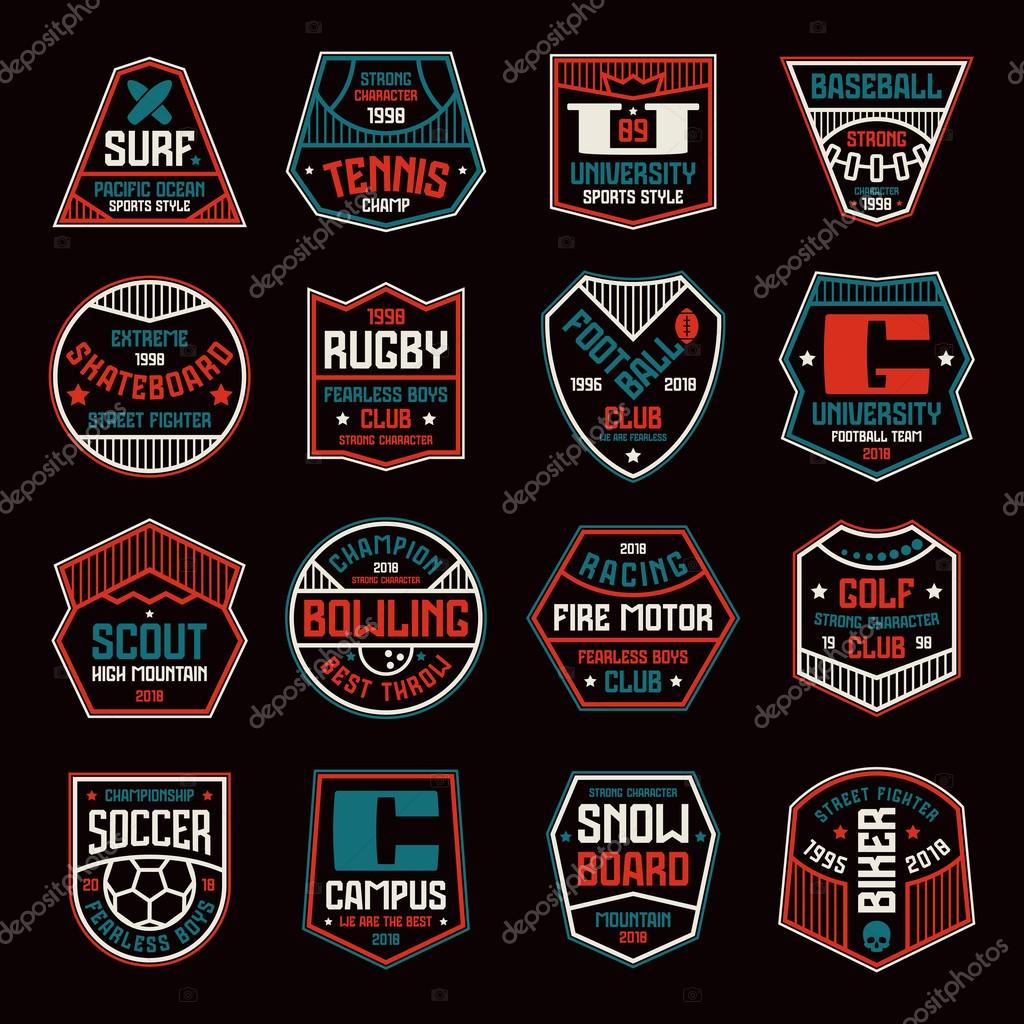 Set of sports badges. Soccer, bowling, baseball, tennis and other. Color print on black background