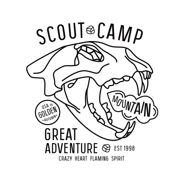 Scout camp embleem in dunne lijnstijl — Stockvector