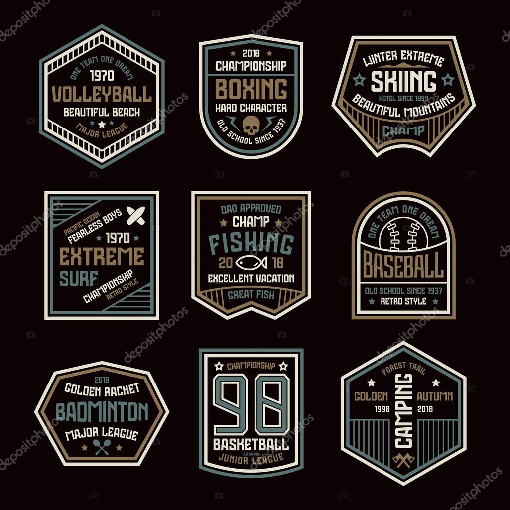 Set of sports badges. Basketball, boxing, baseball and other. Color print on black background