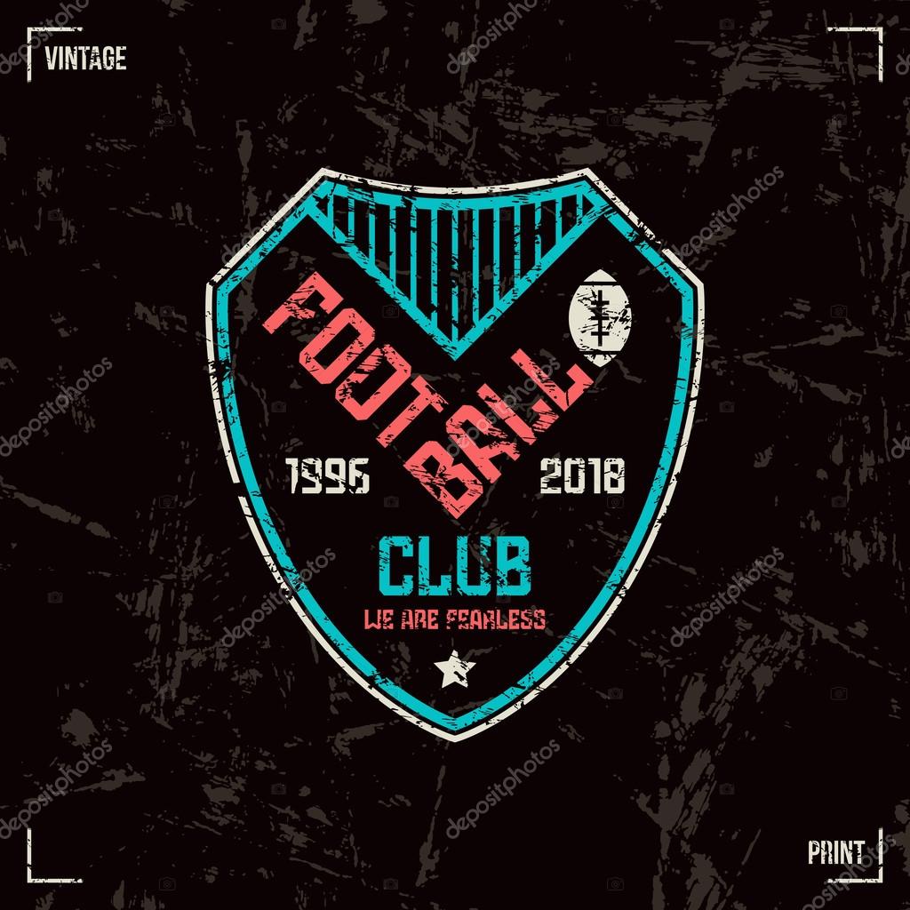 Football team badge. Graphic design for t-shirt. Color print on black background