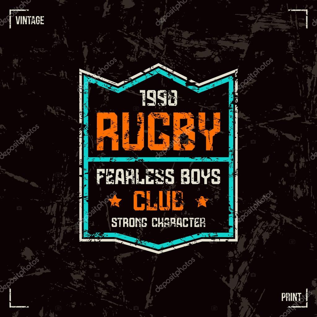 Rugby team badge. Graphic design for t-shirt. Color print on black background