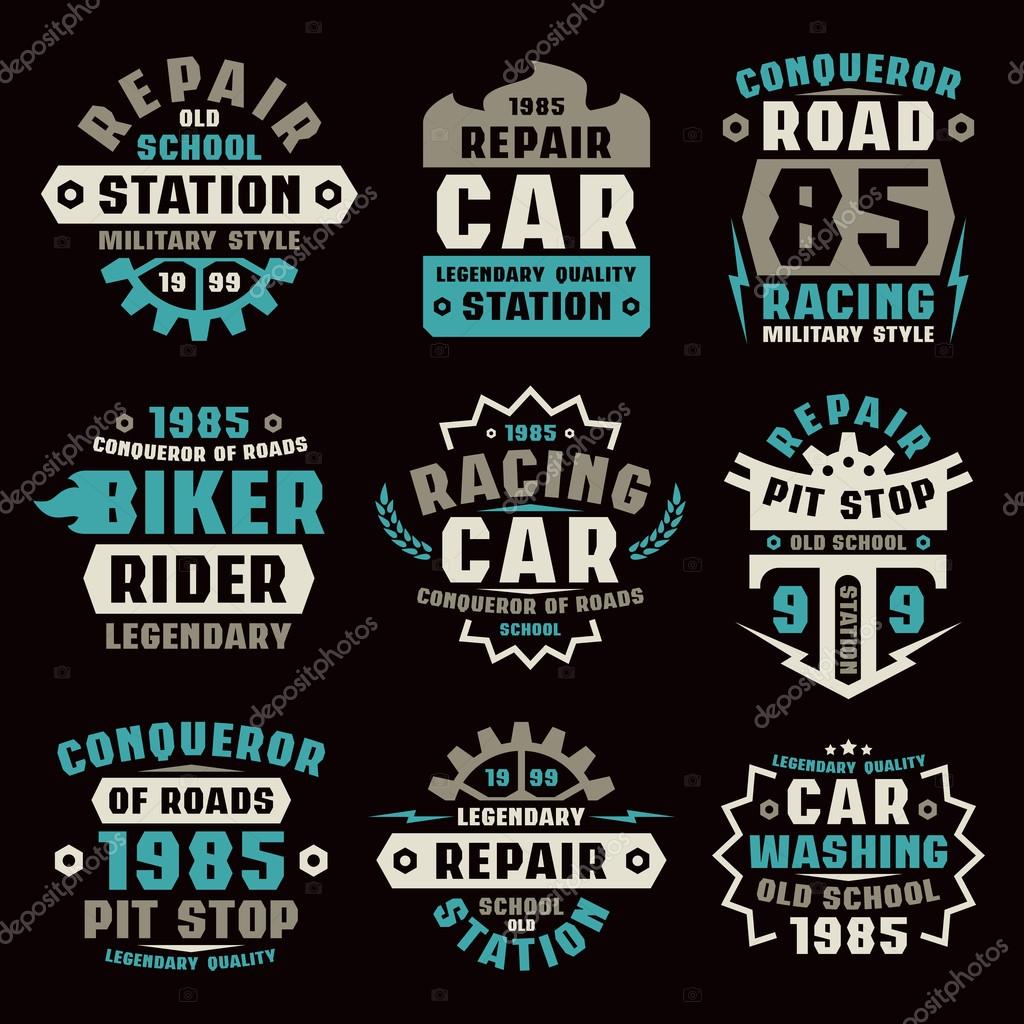 Car repair badges. Graphic design for t-shirt. Color print on black background