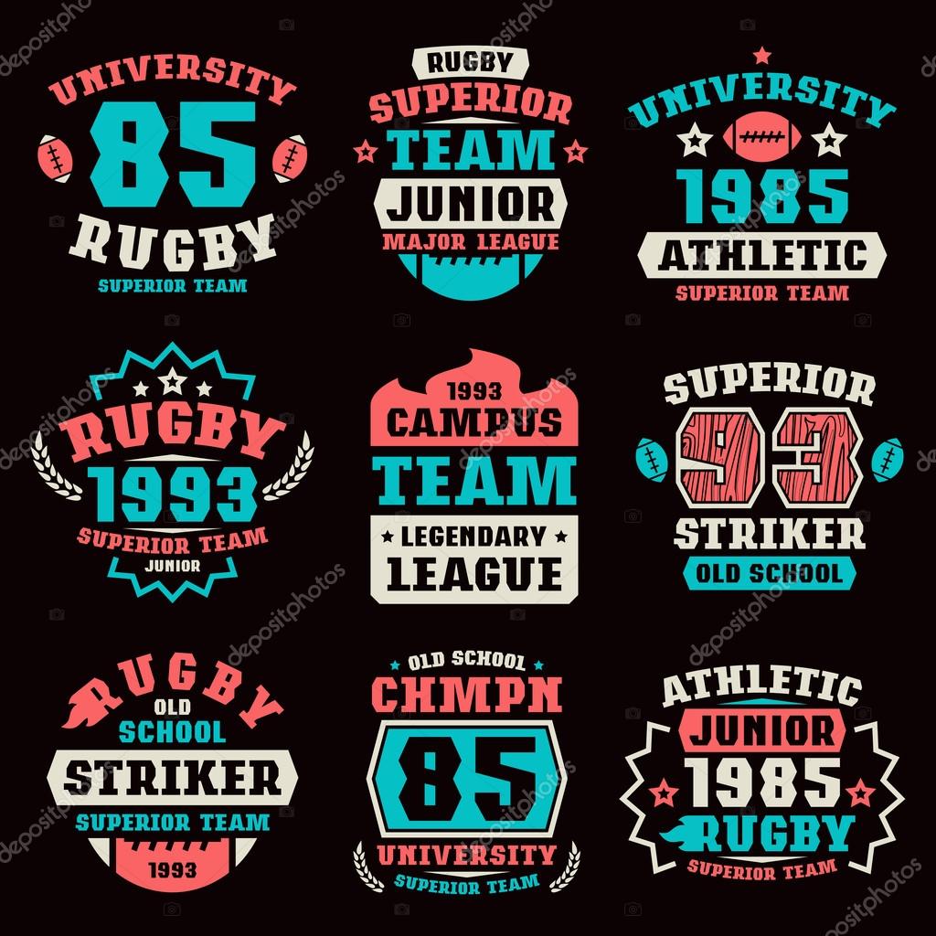 Rugby team badges. Graphic design for t-shirt. Color print on black  background