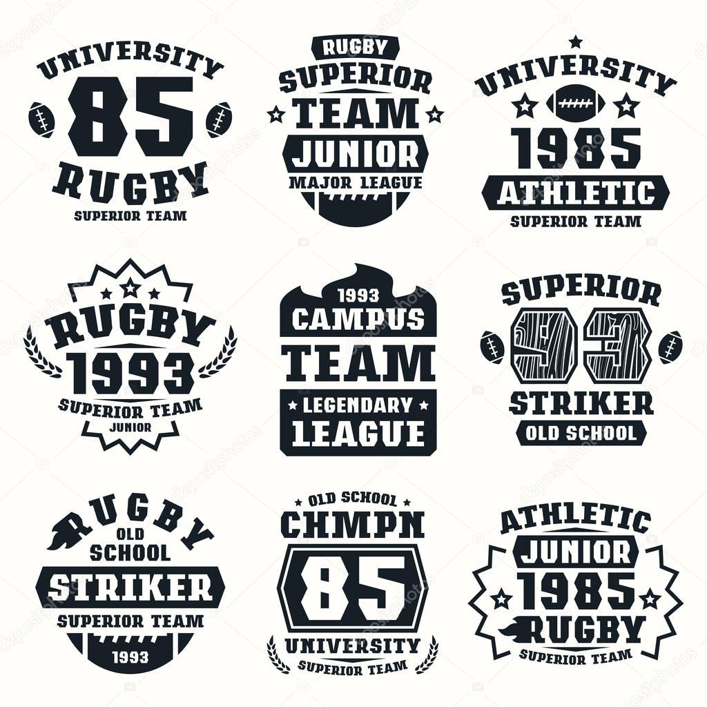 Rugby team badges. Graphic design for t-shirt. Black print on white background