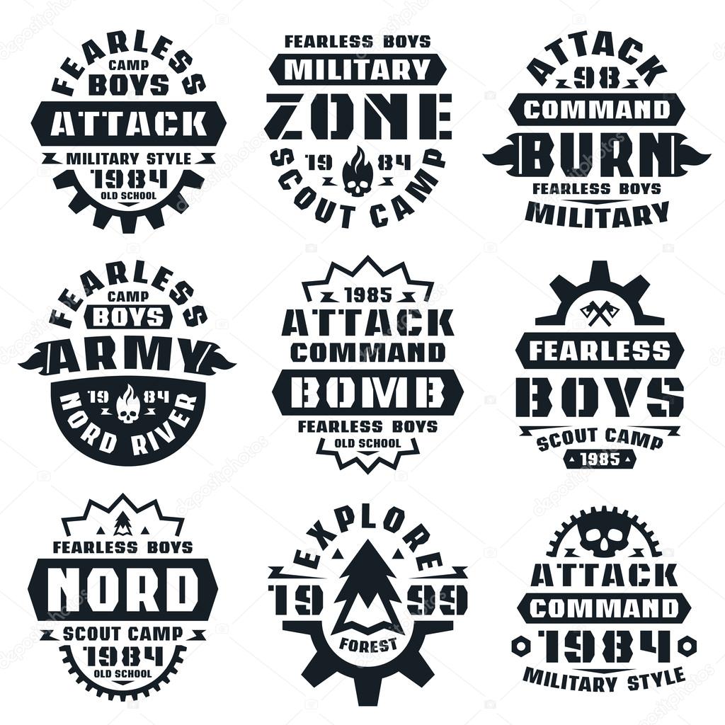 Military badges. Graphic design for t-shirt. Black print on white background