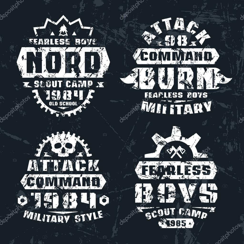 Military and scout badges. Graphic design for t-shirt. Color print on white background
