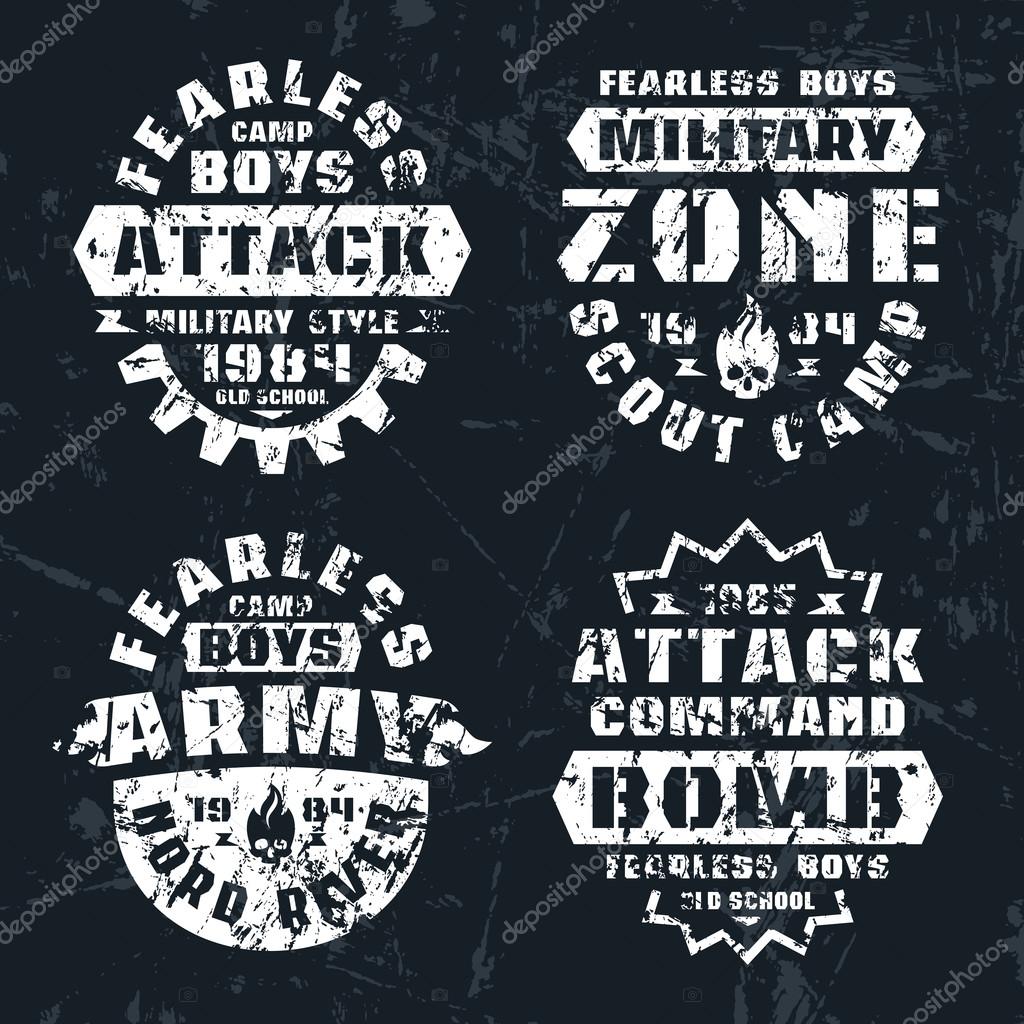 Military and scout badges. Graphic design for t-shirt. Color print on white background