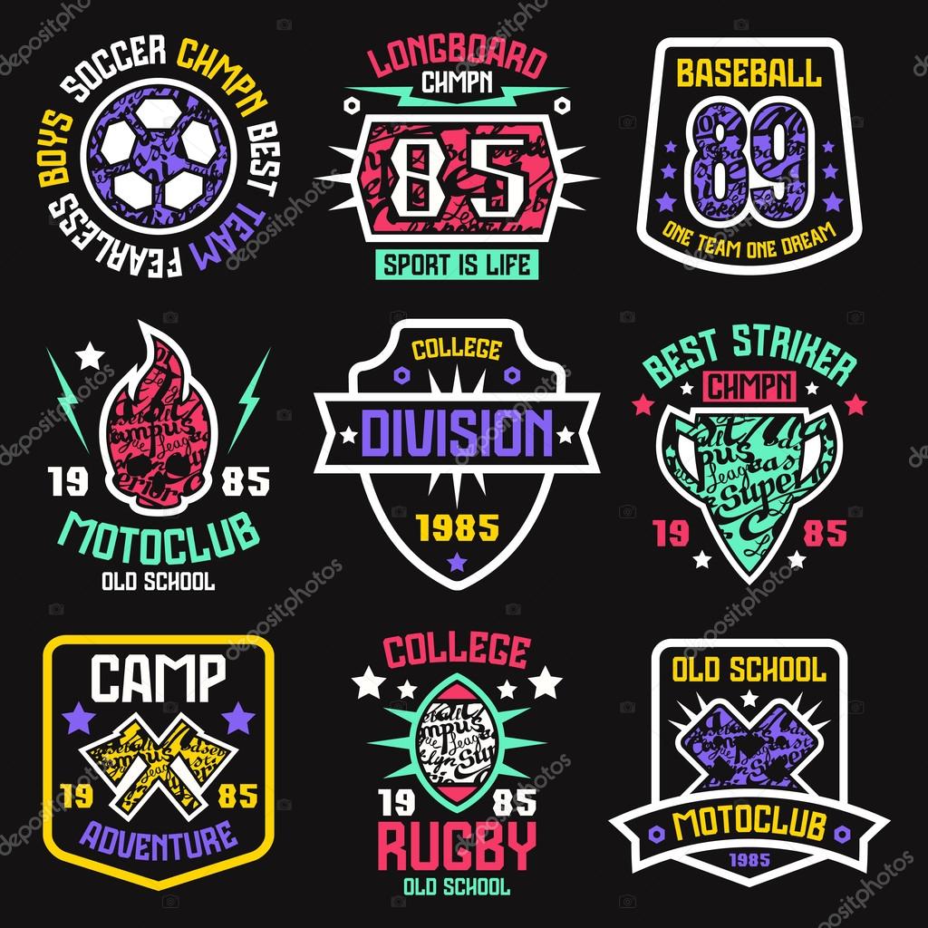 Sport badges. Graphic design for t-shirt. Baseball. Soccer. Rugby. Longboard. Motoclub. Color print on black  background