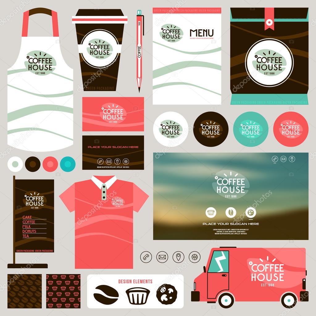 Concept for coffee shop and restaurant identity mock up template. Menu. Card. Website, Delivery. Uniform