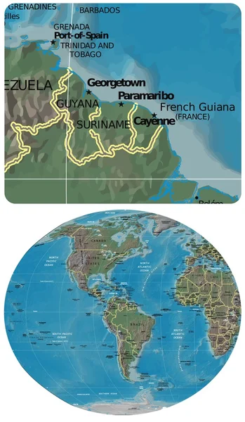 Guyana Surinam Fransız Guyanası ve Americas Haritası — Stok Vektör