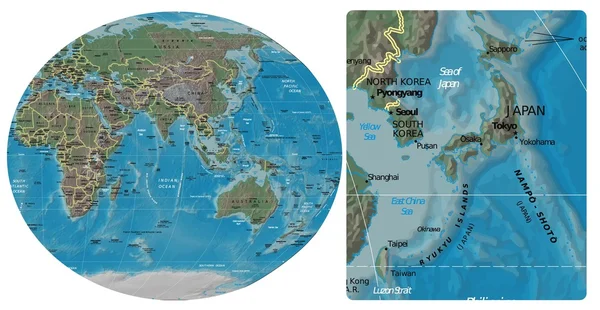 Japonsko Severní Korea Jižní Korea a Asie Oceánie mapa — Stockový vektor