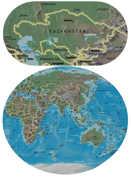 Kazachstán a Asie Oceánie mapa — Stockový vektor