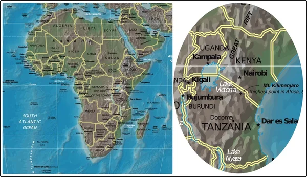 Kenia Tanzania Uganda Burundi i Afryka Mapa — Wektor stockowy