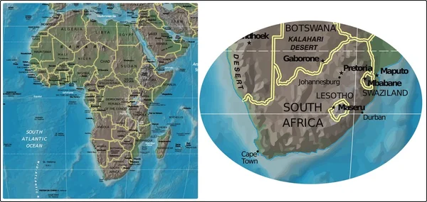Jižní Afrika Lesotho Svazijsko a Afriky mapa — Stockový vektor