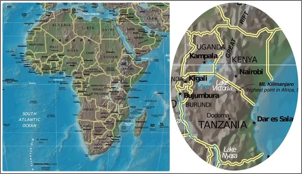 Kenya Tanzanya Uganda Burundi ve Afrika Haritası — Stok Vektör