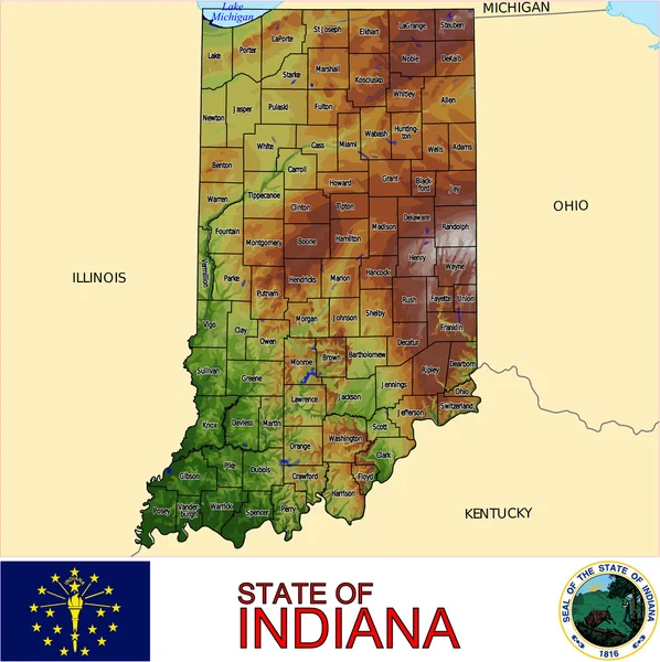 Mappa emblema contee Indiana — Vettoriale Stock
