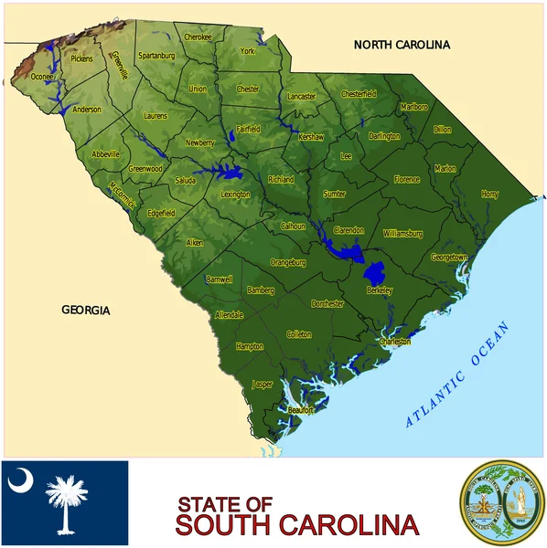 Karte mit dem Emblem der Grafschaften South Carolina — Stockvektor