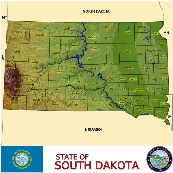 Mappa degli emblemi delle contee del Dakota del Sud — Vettoriale Stock