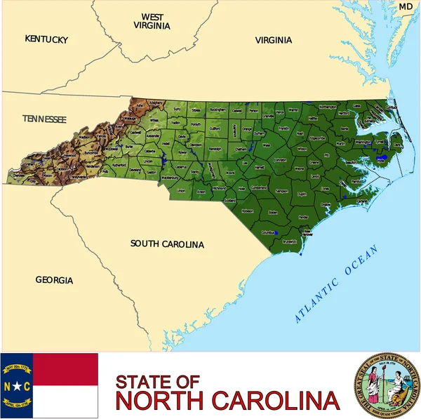 Mapa emblema de los condados de Carolina del Norte — Archivo Imágenes Vectoriales